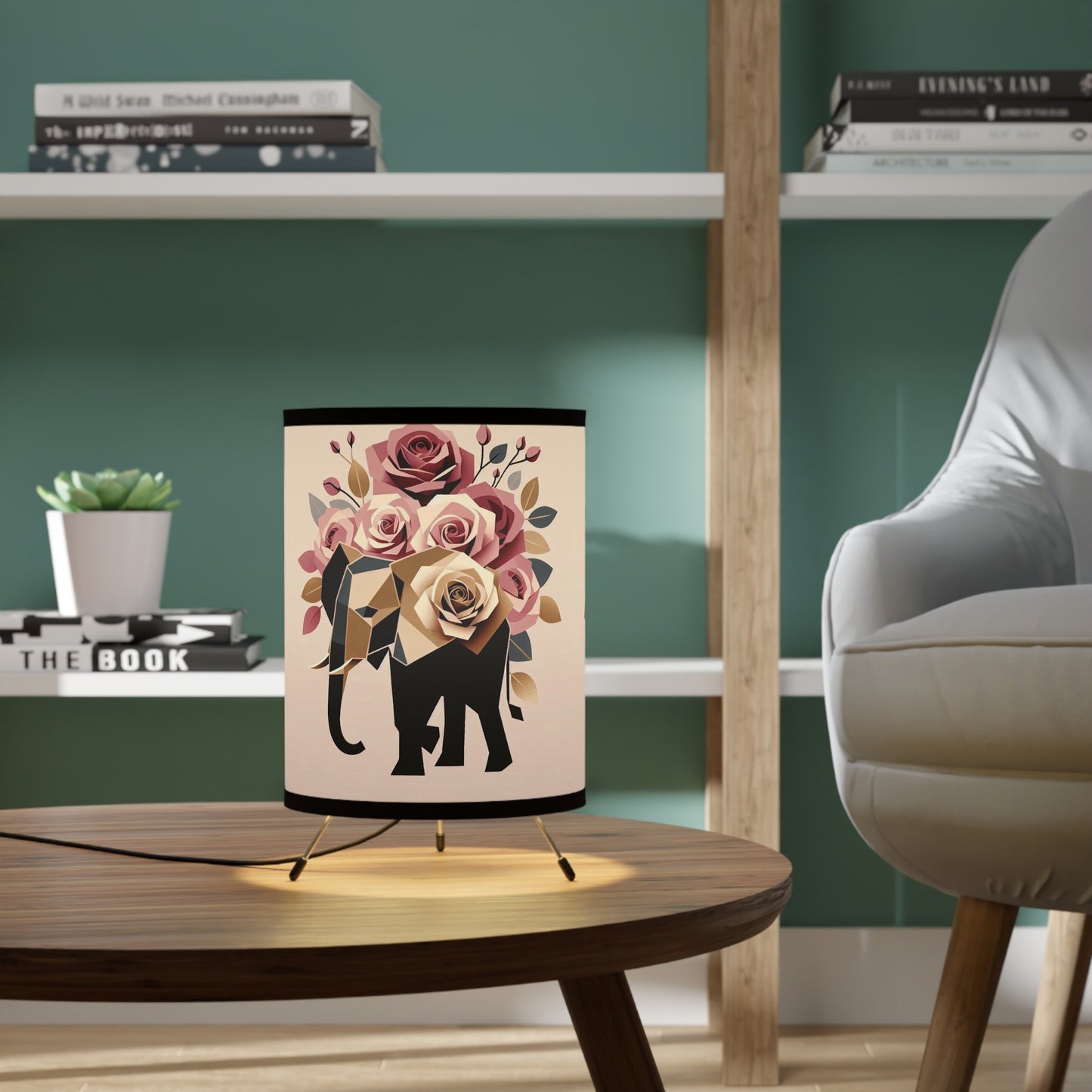 Boho Elephant Tripod Lamp with Floral Design - High-Res Printed Shade -  Black & Gold Elephant & Roses Design