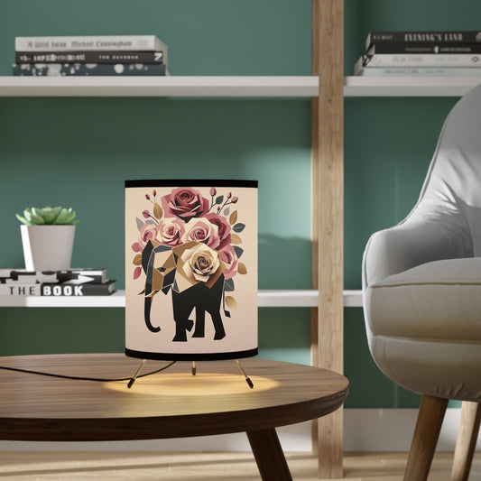 Boho Elephant Tripod Lamp with Floral Design - High-Res Printed Shade -  Black & Gold Elephant & Roses Design