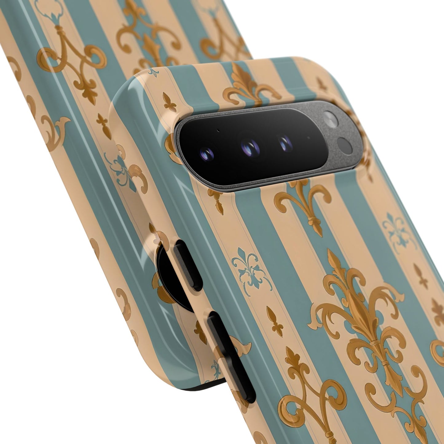 Elegant Floral Motif Phone Case - Tough Cases with Vintage Design -  Beige & Sky Blue Striped Gold Damask
