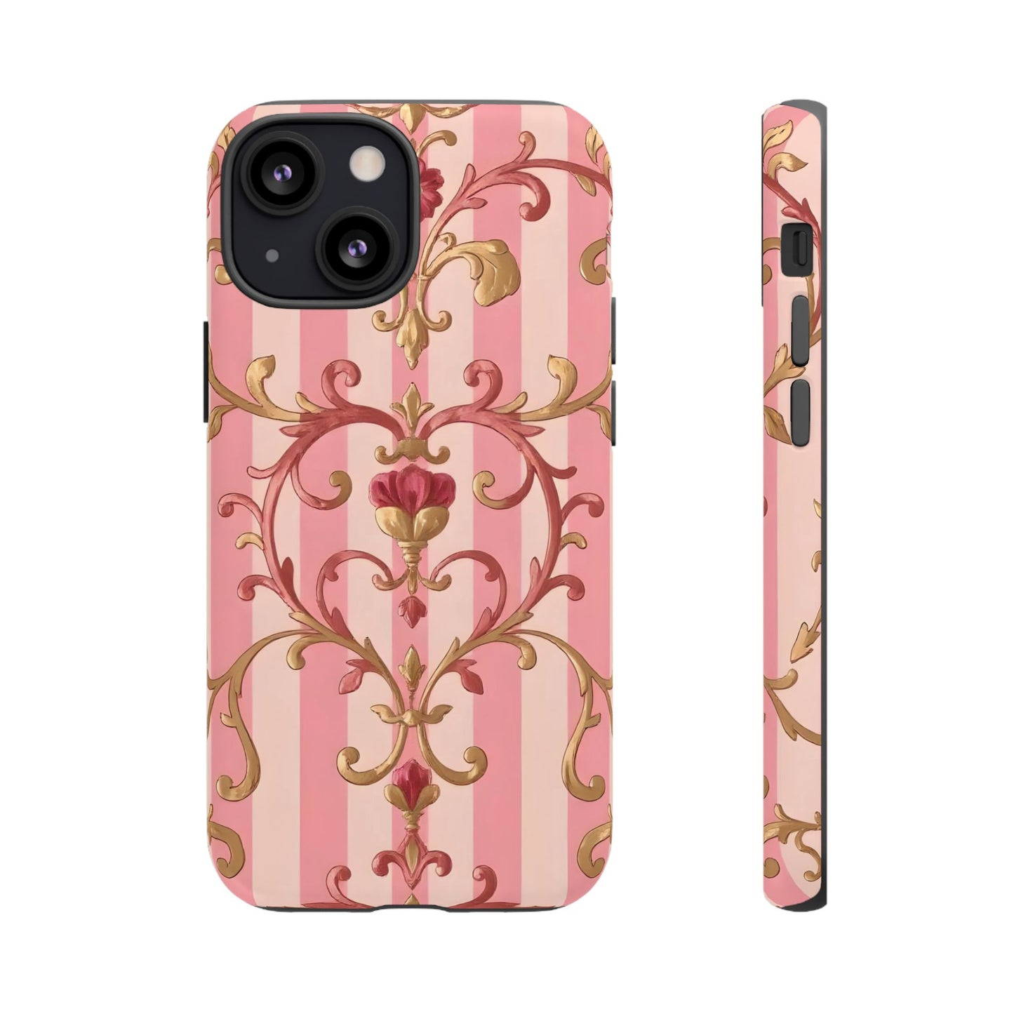 Elegant Floral Motif Phone Case - Tough Cases with Vintage Design - Pink Striped Rose Gold Damask