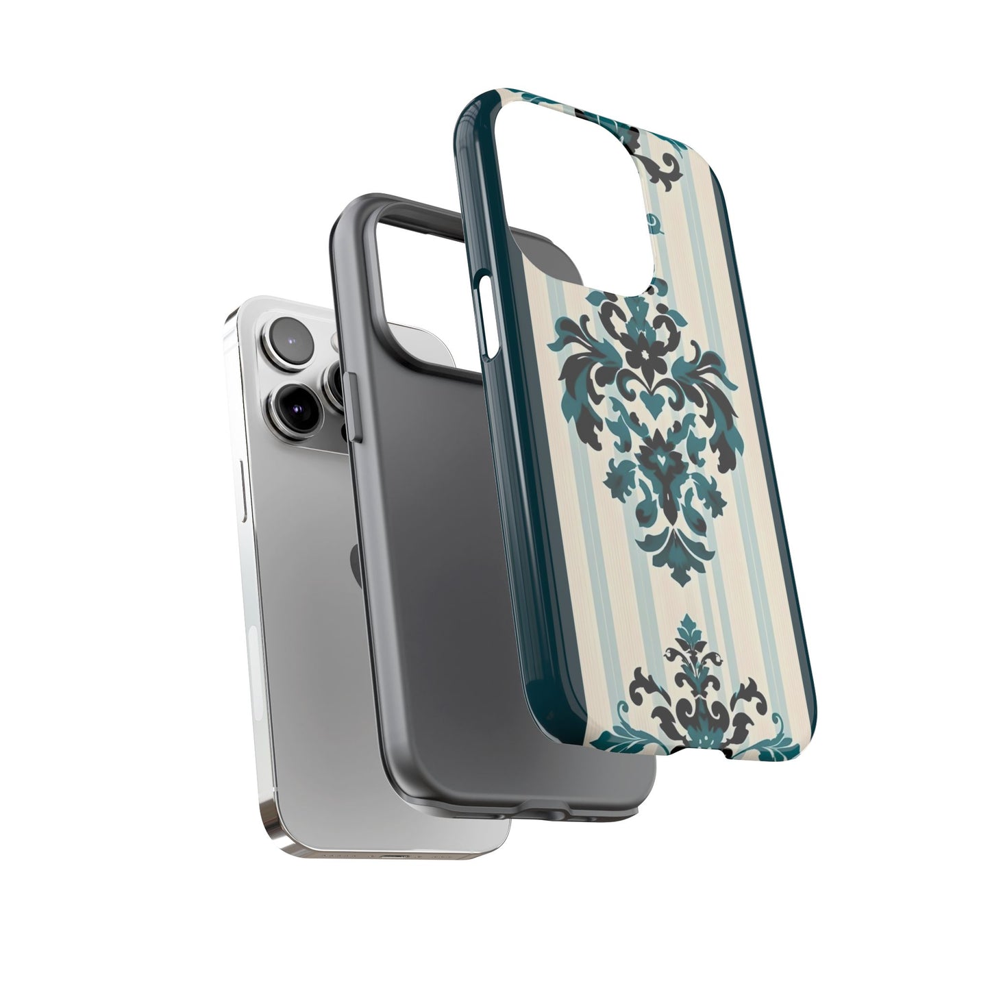 Elegant Floral Phone Case - Tough Cases with Vintage Design - Teal Striped Damask