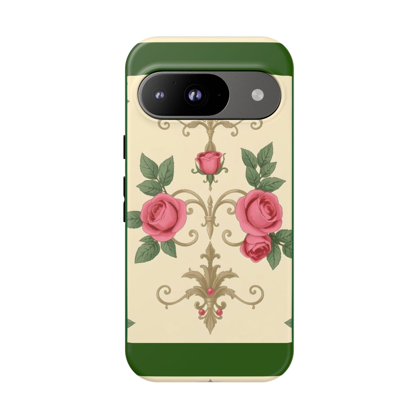 Elegant Floral Motif Phone Case - Tough Cases with Vintage Design - Green Border Roses & Damask