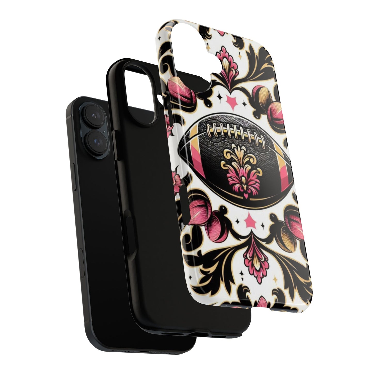 Elegant Floral Motif Phone Case - Tough Cases with Vintage Design - Damask White, Pink Gold & Black Football