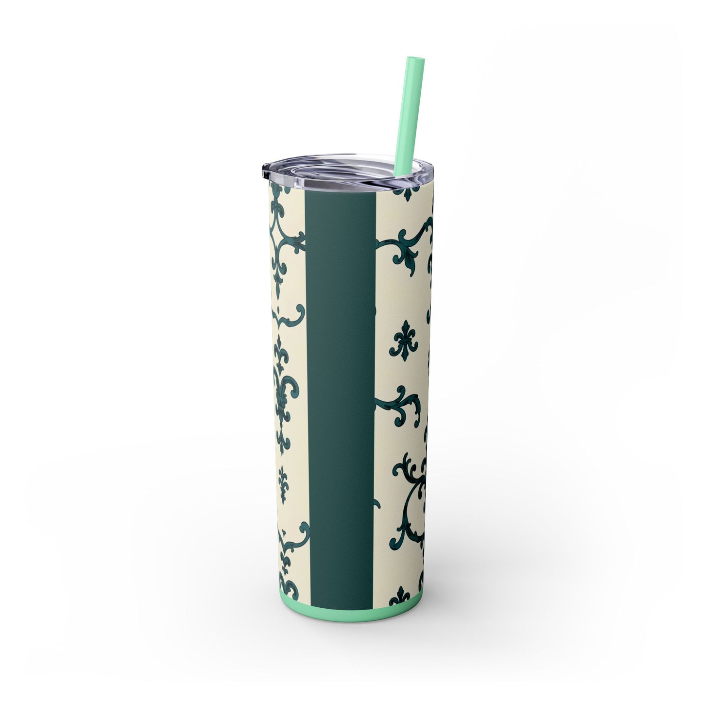 Elegant Floral Skinny Tumbler, 20oz - Stylish Travel Mug for Home, Coffee Lover Gift, Eco-Friendly Drinkware, Party Favor - Teal Striped Rococo
