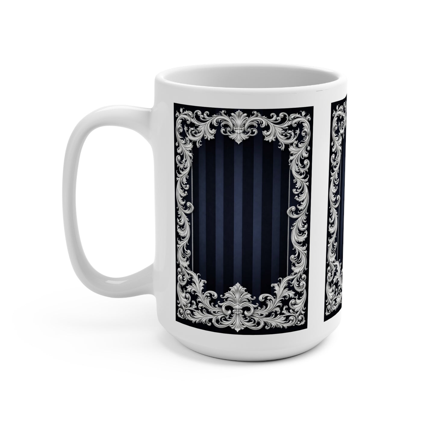 Navy Stripes & Baroque Frame 15oz Ceramic Mug — Elegant Vintage Navy Striped Coffee Cup