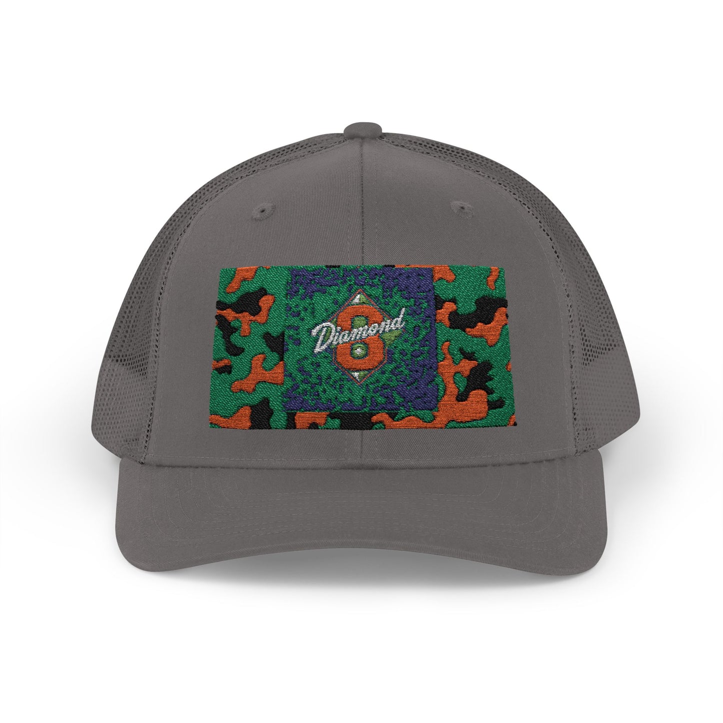 Colorful Camouflage Snapback Trucker Cap, Casual Hat, Outdoor Gear, Unisex Headwear, Gift for Him/Her - Green & Orange Camo Diamond 8