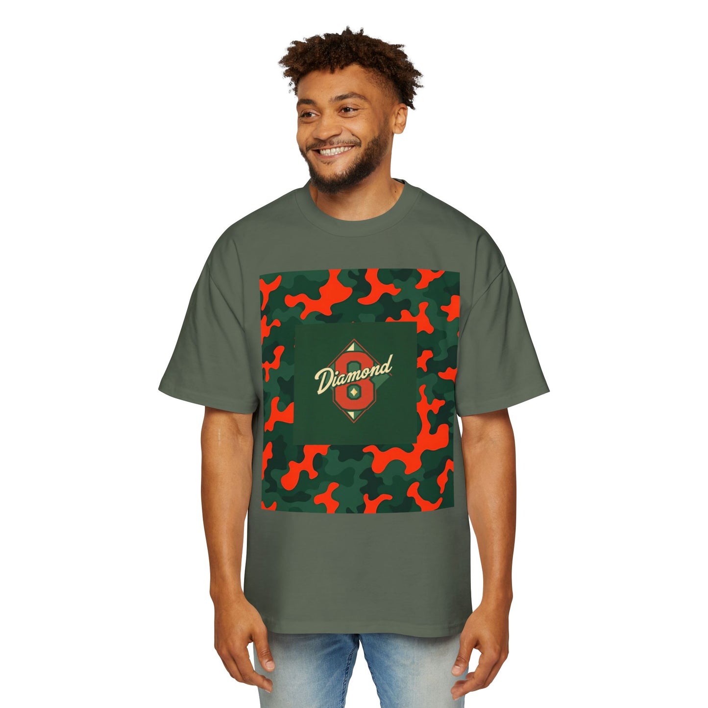 Men's Heavy Oversized Camouflage Tee, Casual Streetwear Shirt, Graphic T-Shirt, Comfortable Everyday Wear, Gift for Him - Green & Orange Camo Diamond 8