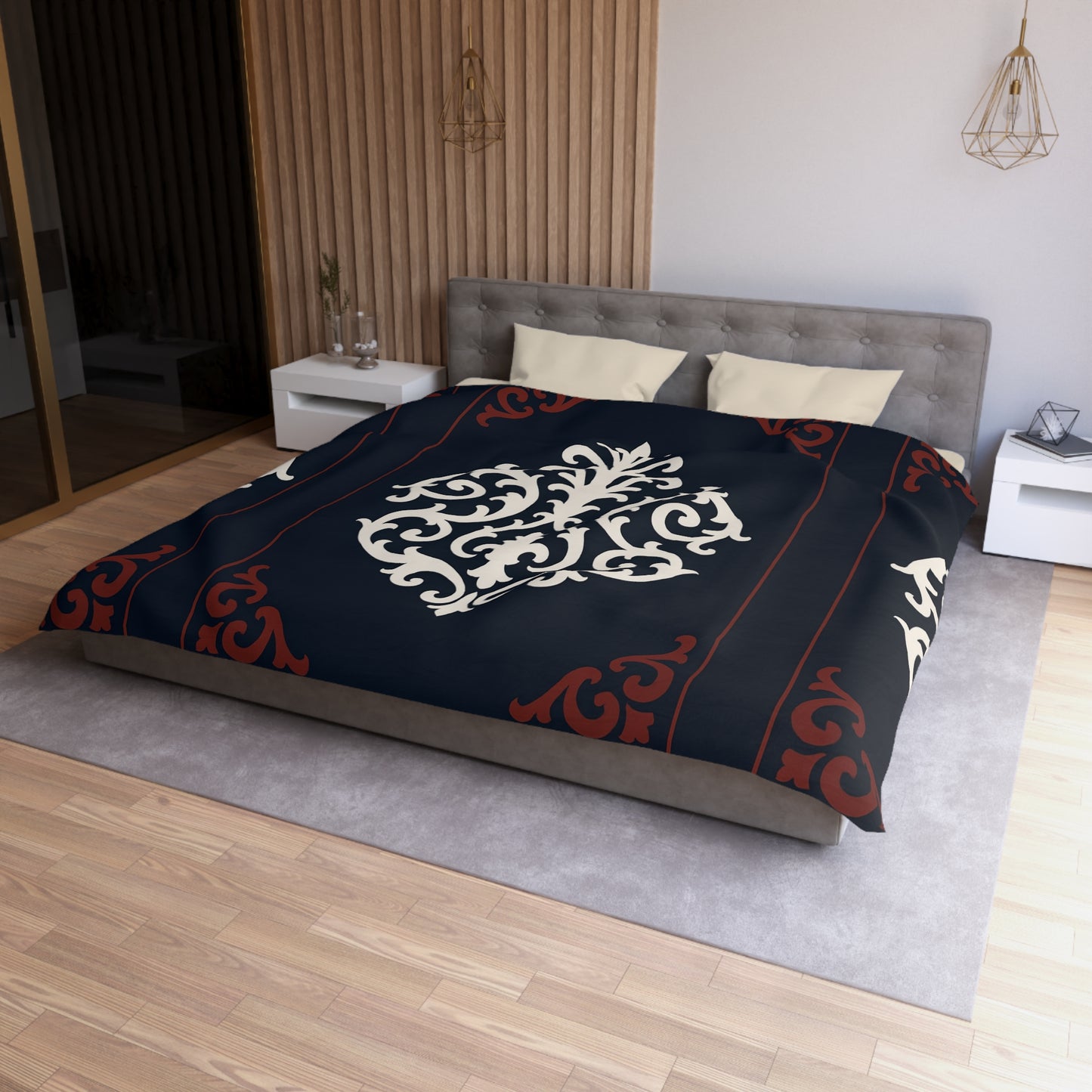 Dusk Blue-Maroon & White Baroque Microfiber Duvet Cover — Dusk Blue & White Decorative Bedding