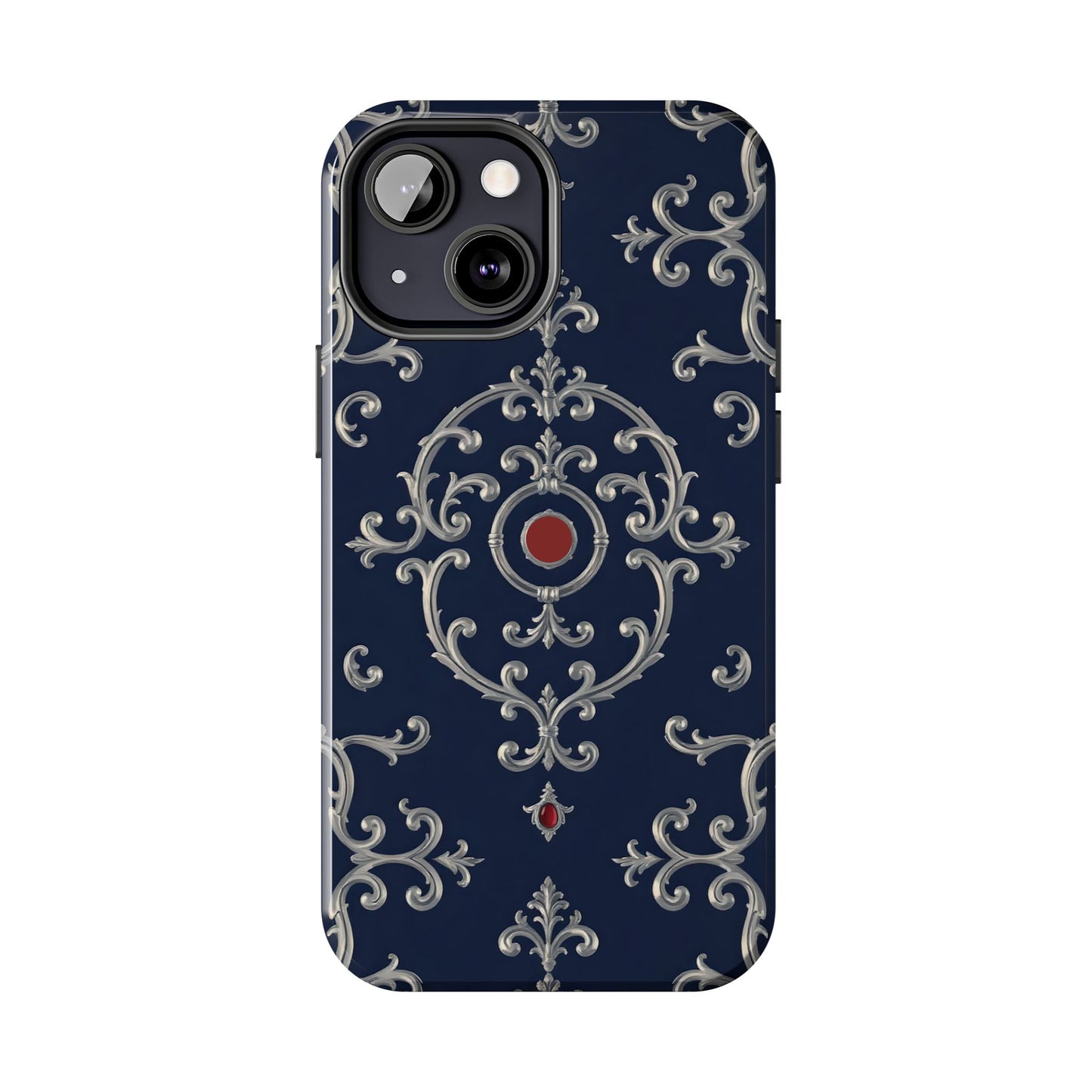 Elegant Patterned Tough Phone Cases for Stylish Protection, Gift for Her, Unique Accessories - Blue & Red Striped Silver Baroque
