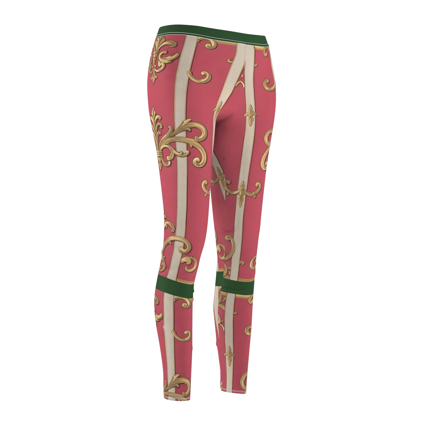 Women's Green Border Pink Striped Baroque Print Casual Leggings, Trendy Activewear, Stylish Leggings for Yoga, Everyday Wear, Holiday Gift