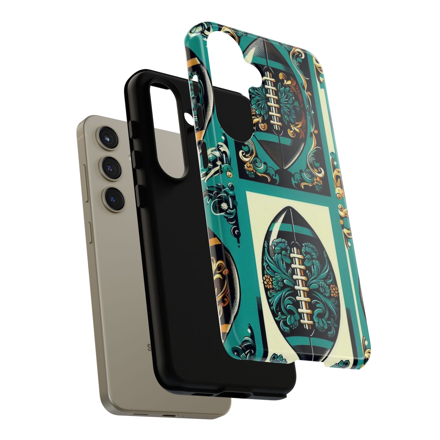 Elegant Floral Motif Phone Case - Tough Cases with Vintage Design -  Damask Teal, Gold & Black Footballs
