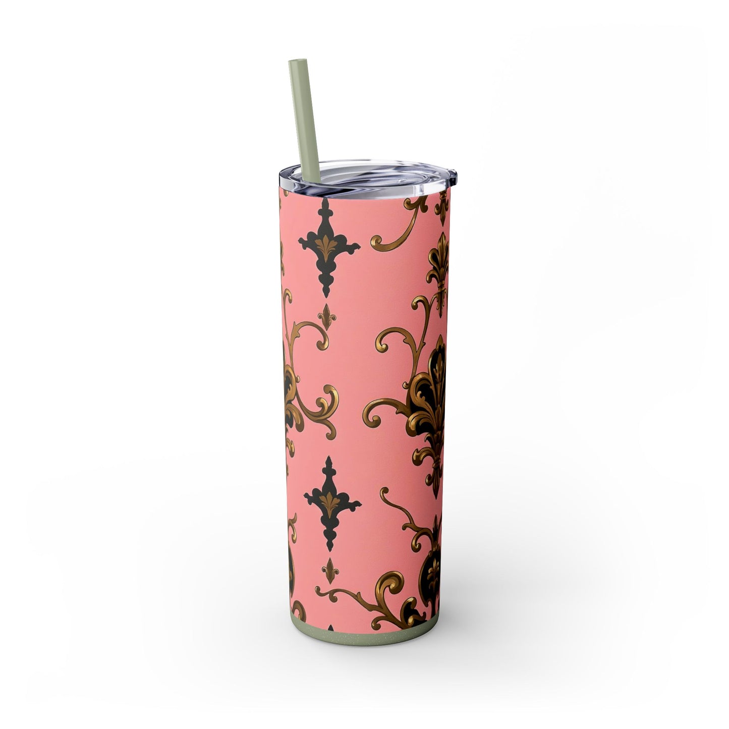 Elegant Pink Damask Skinny Tumbler, 20oz Drinkware, Stylish Reusable Cup, Travel Mug, Gift for Her, Home Decor - Pink, Black & Gold Rococo