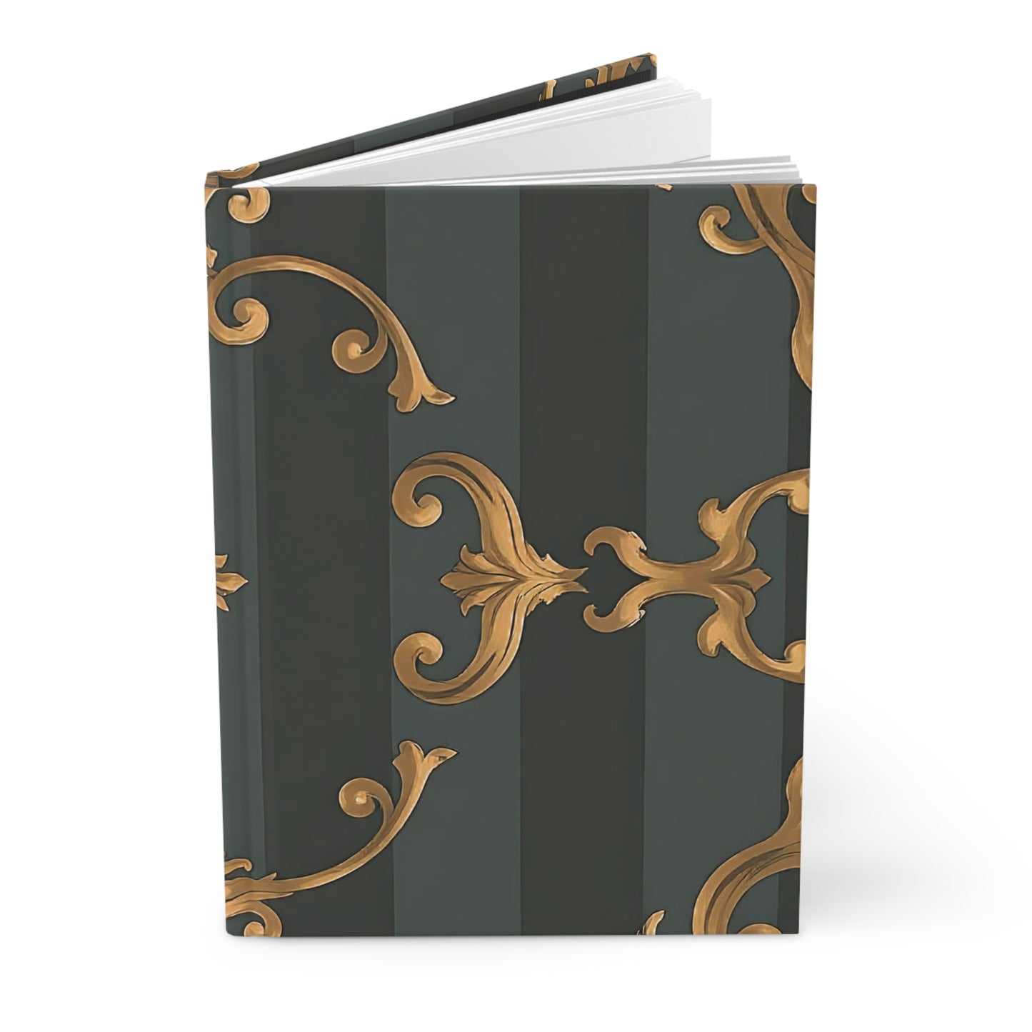 Elegant Gold Floral Hardcover Journal - Luxurious Writing Notebook - Gray Striped Baroque