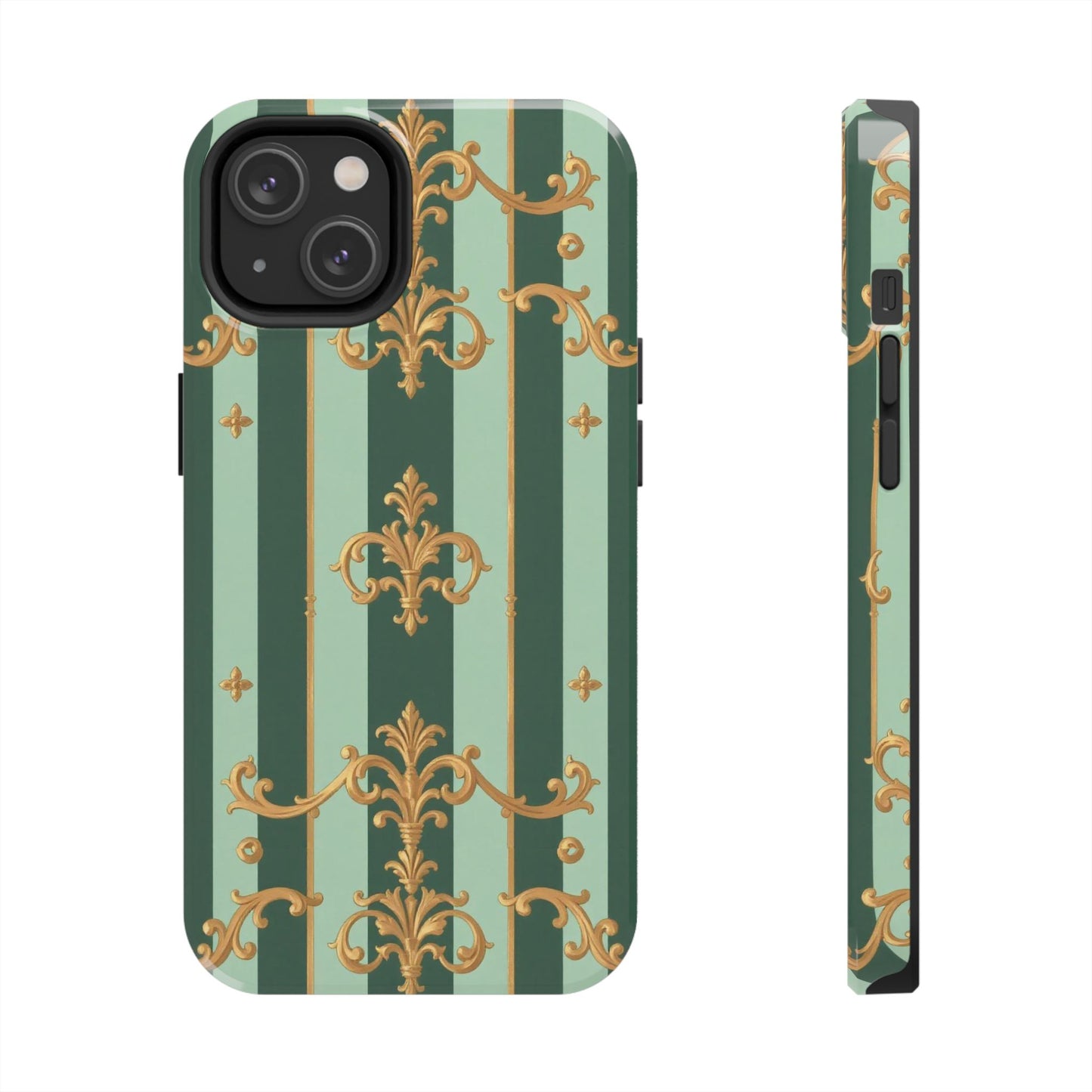 Elegant Floral Tough Phone Cases | Stylish Phone Protection, Gift for Her, Trendy Accessory, Unique Decor - Mint Green & Teal Striped Gold Baroque