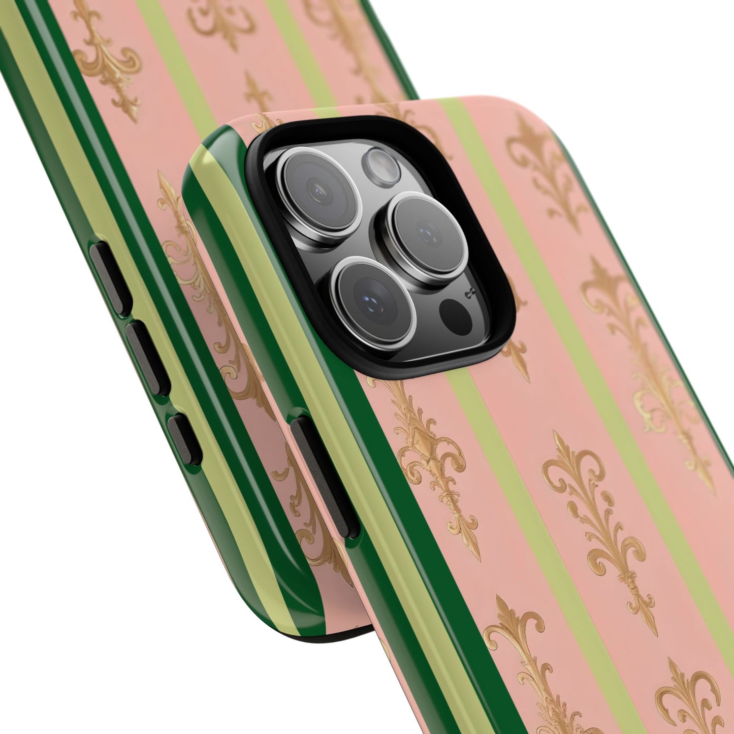 Elegant Floral Motif Phone Case - Tough Cases with Vintage Design - Lime Green & Pink Striped Damask