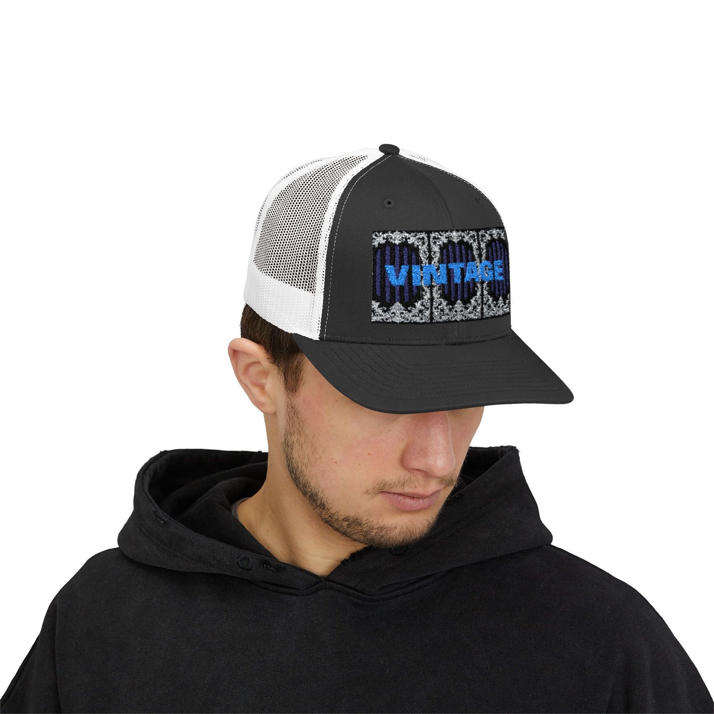 Vintage Navy Stripes & Baroque Trucker Cap — Retro 'VINTAGE' Embroidered Snapback