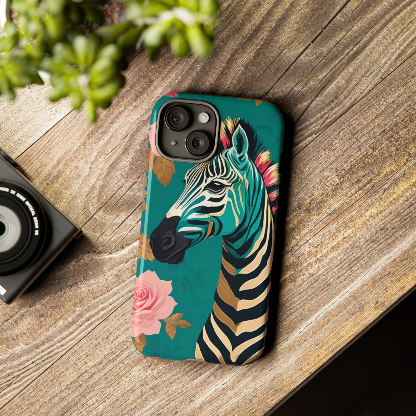 Phone Case - Elegant Teal & Gold Zebra & Roses Design