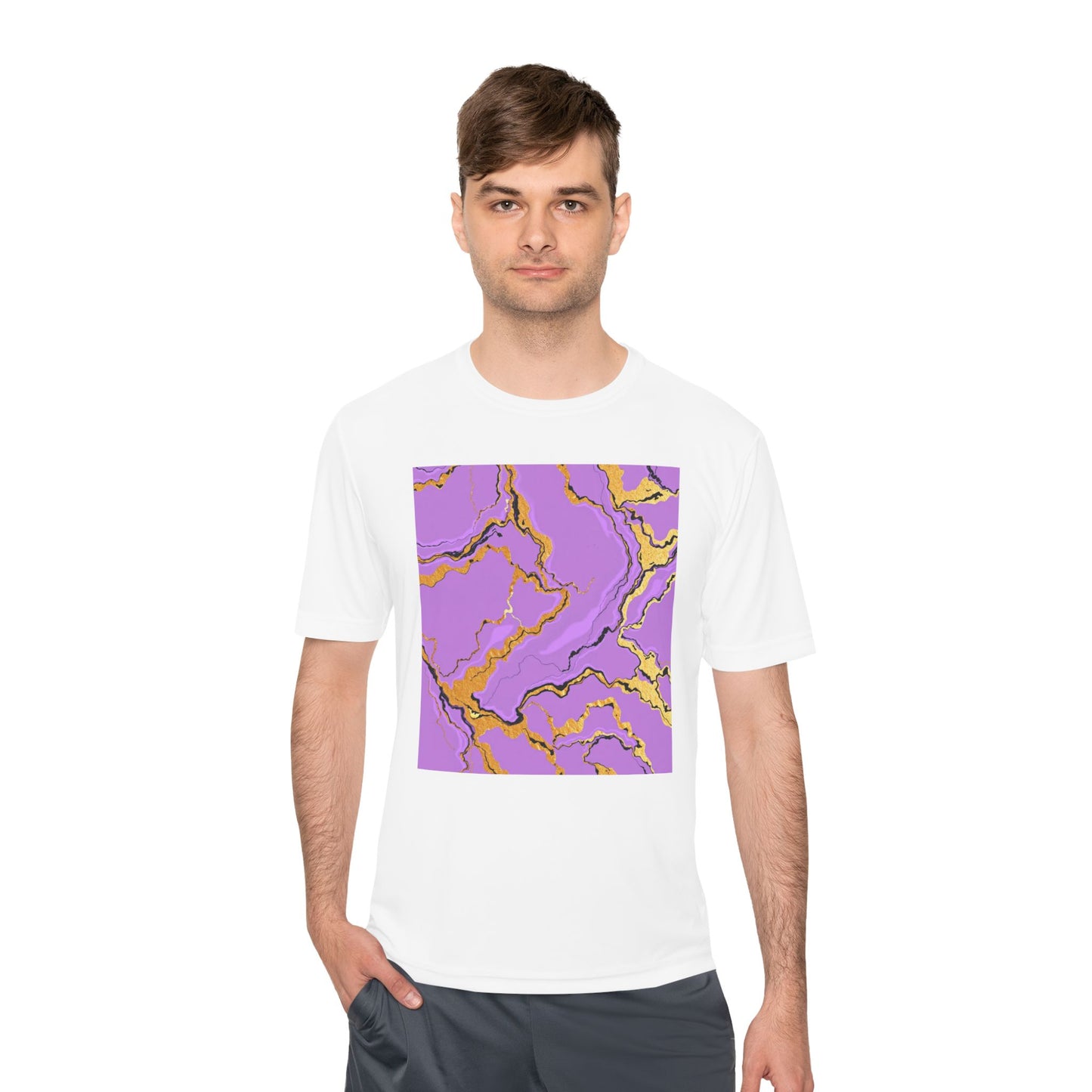 Unisex Moisture-Wicking Tee with Purple and Gold Marble Design - Athletic Shirt, Casual Wear, Fitness Apparel, Summer Style, Gift Idea