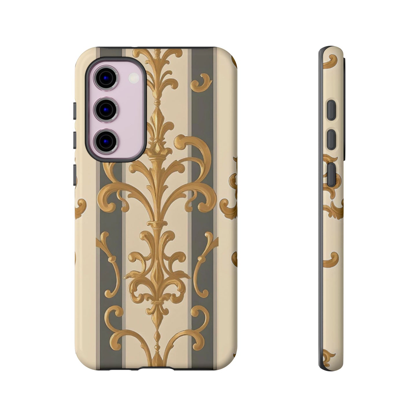 Elegant Floral Motif Phone Case - Tough Cases with Vintage Design - Dusk Olive Striped Gold Damask