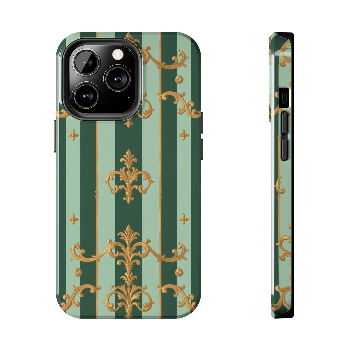 Elegant Floral Tough Phone Cases | Stylish Phone Protection, Gift for Her, Trendy Accessory, Unique Decor - Mint Green & Teal Striped Gold Baroque