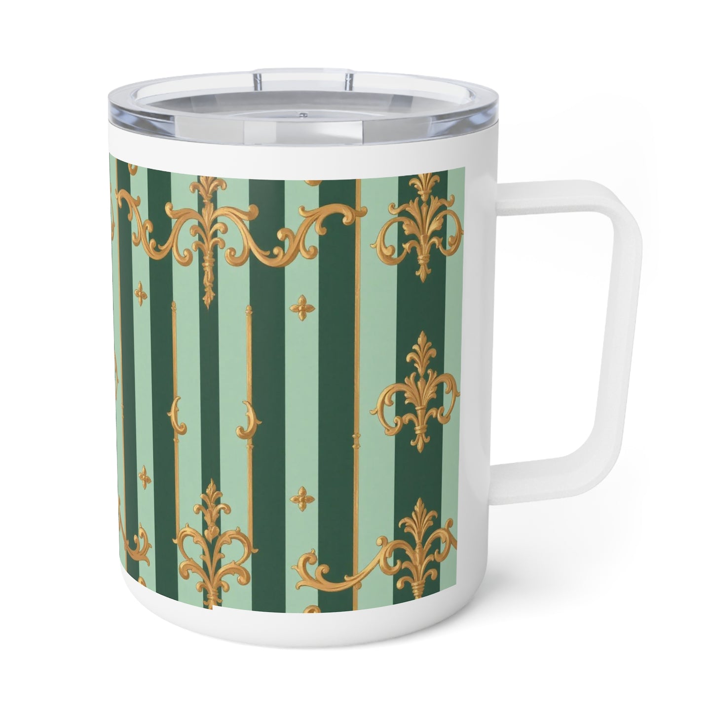 Elegant Insulated Coffee Mug | Ideal for Home, Office, Gifts, Tea Lovers, Travel - Mint Green & Teal Striped Gold Baroque