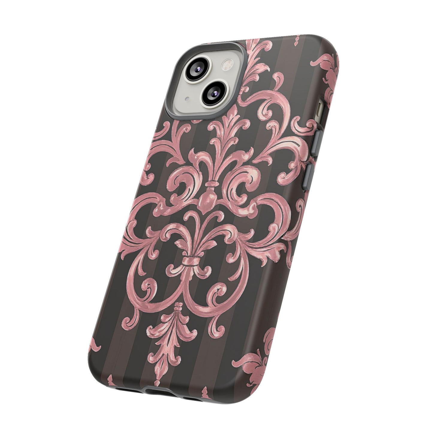 Elegant Floral Motif Phone Case - Tough Cases with Vintage Design - Brown Striped Mauve Damask