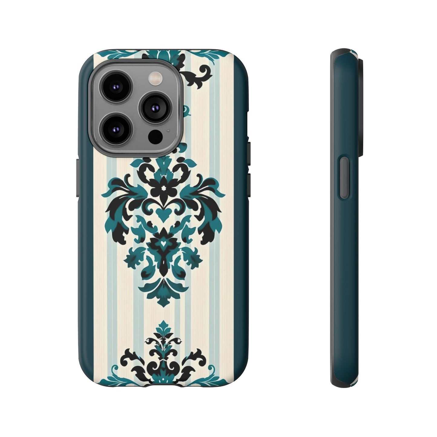 Elegant Floral Phone Case - Tough Cases with Vintage Design - Teal Striped Damask