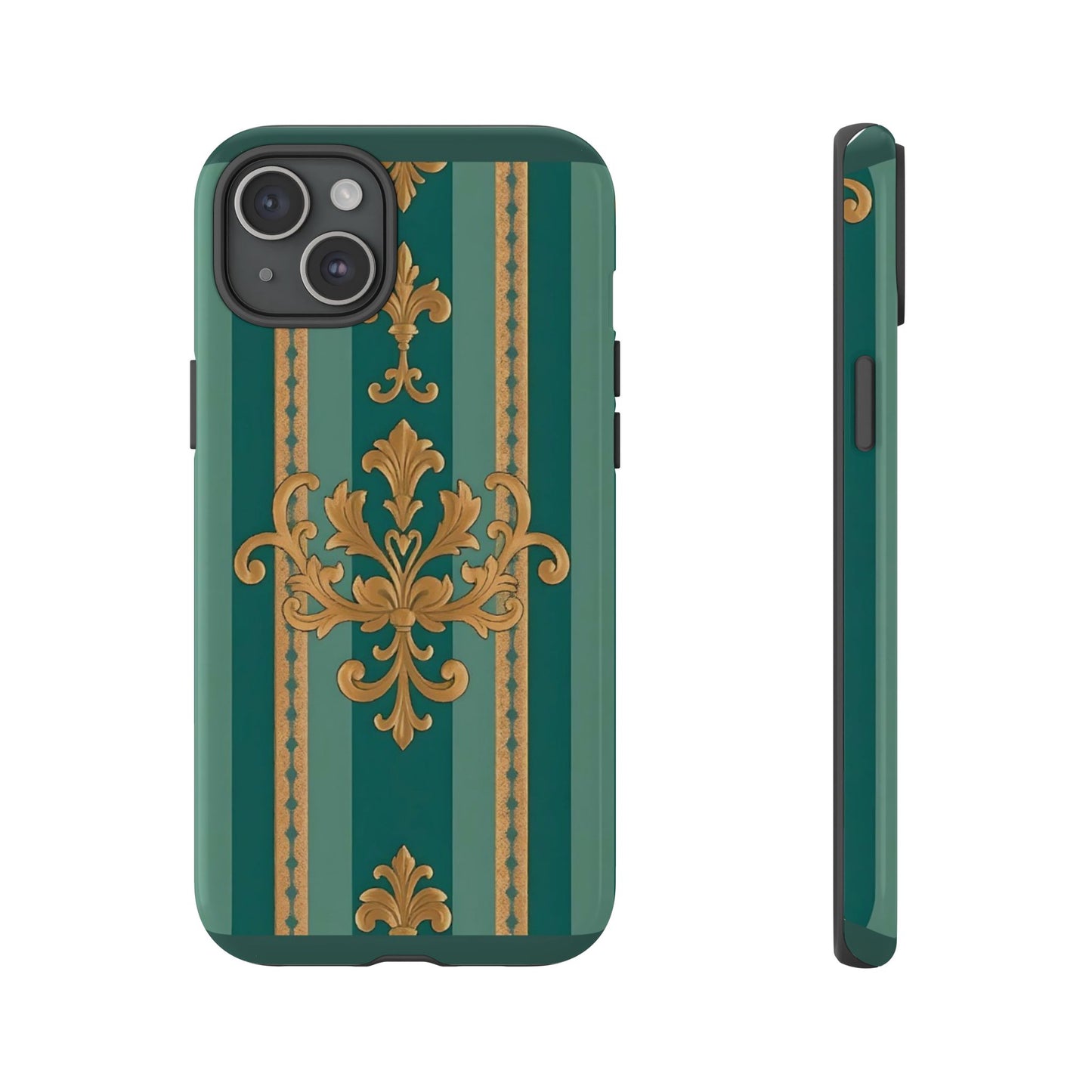 Elegant Floral Motif Phone Case - Tough Cases with Vintage Design - Teal Striped Gold Damask