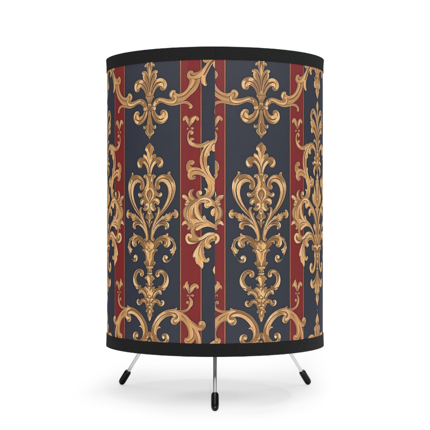 Elegant Tripod Lamp with Vintage Floral Print Shade - High-Res Home Accent - Midnight Blue & Dusk Red Damask