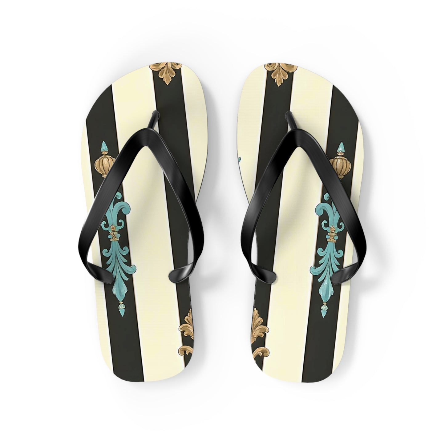 Stylish Flip Flops | Beach Sandals, Summer Footwear, Vacation Getaway, Casual Summer Style - Black Striped Turquoise & Black Rococo