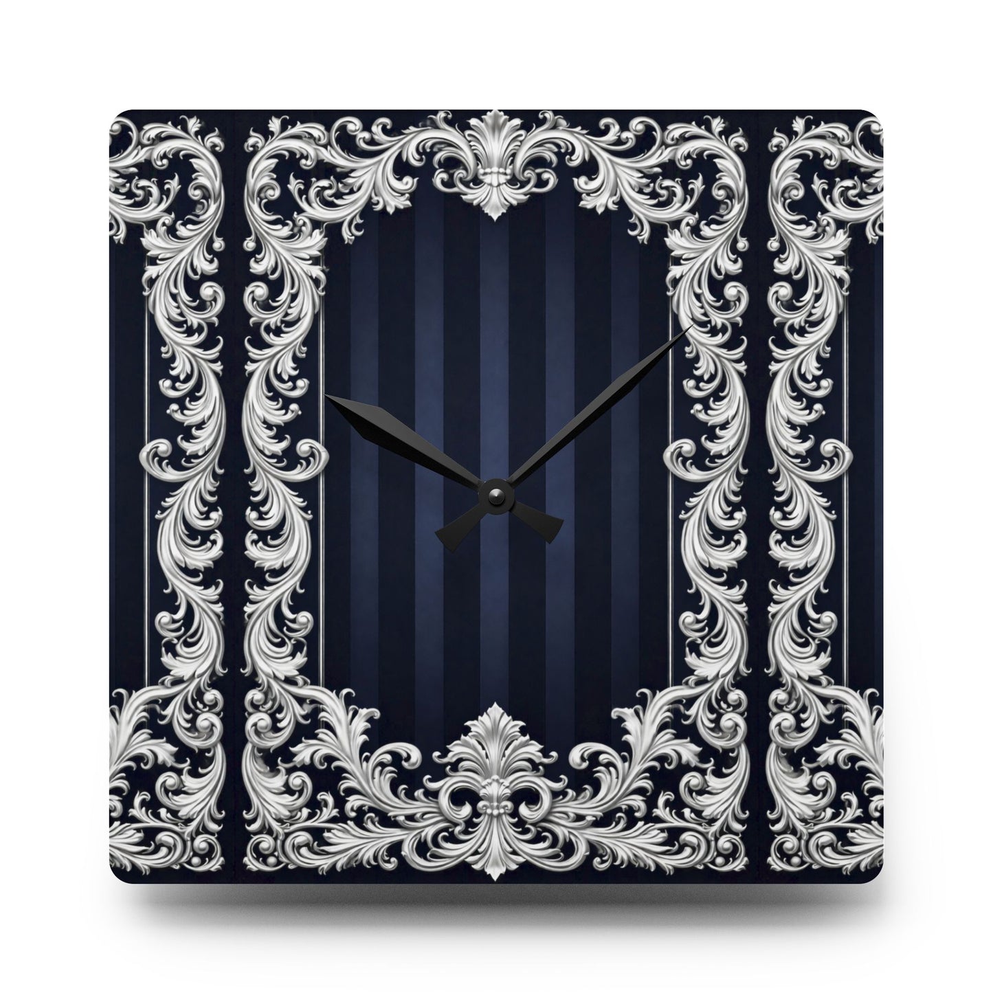 Vintage Baroque Acrylic Wall Clock — Navy Stripes & Baroque Silver Frame