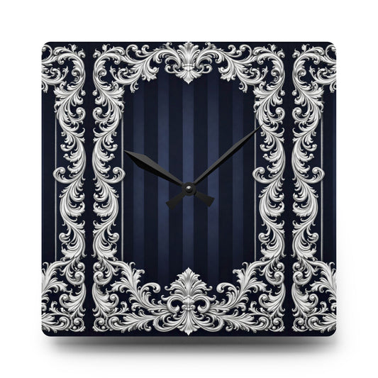 Vintage Baroque Acrylic Wall Clock — Navy Stripes & Baroque Silver Frame