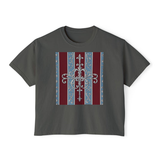 Vintage Floral Boxy Tee for Women - Stylish and Comfortable Casual Wear - Ice Blue & Burgundy Striped Baroque