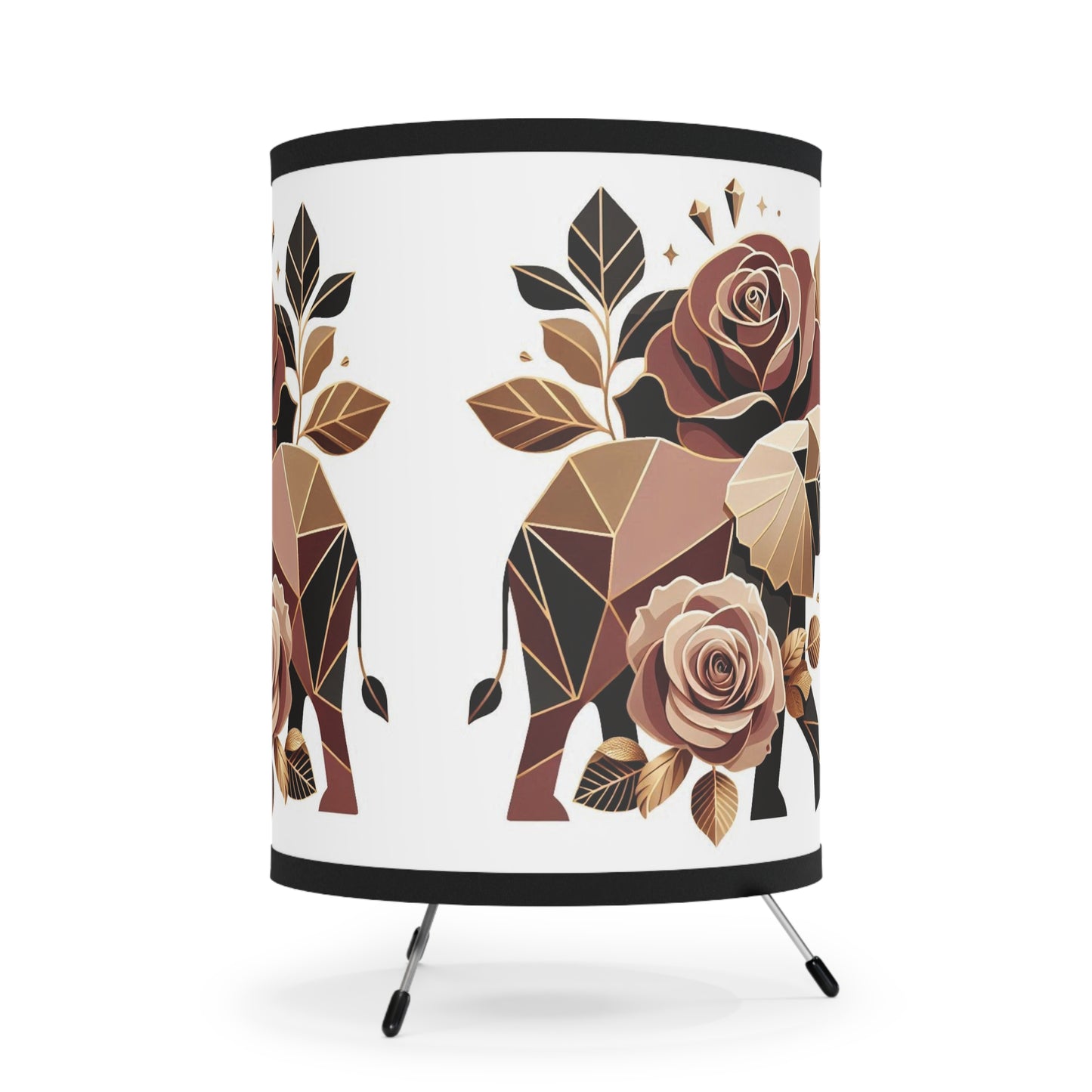 Boho Elephant Tripod Lamp with Floral Design - High-Res Printed Shade - Brown & Gold Elephant & Roses Design