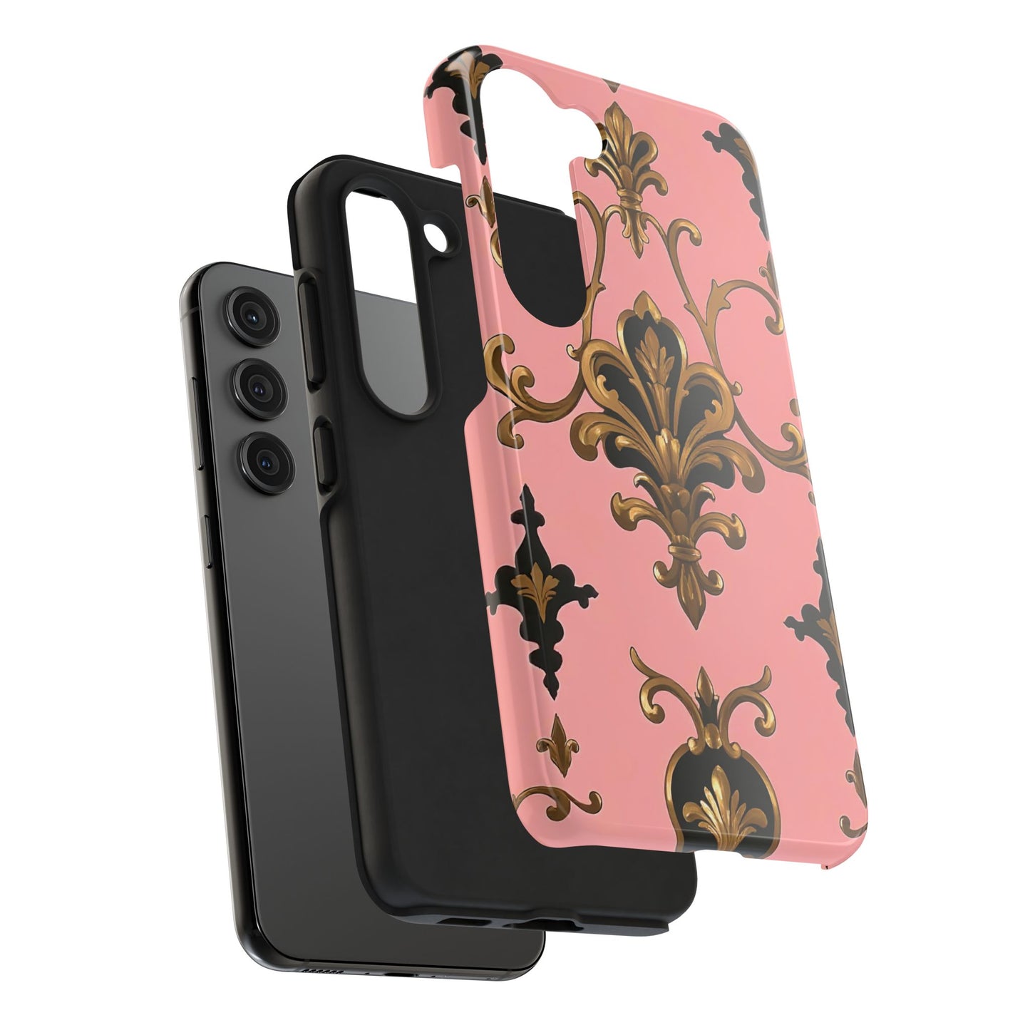 Chic Tough Phone Cases with Floral Design, Elegant Phone Cover, Durable Smartphone Case, Stylish Tech Accessory - Pink, Black & Gold Rococo