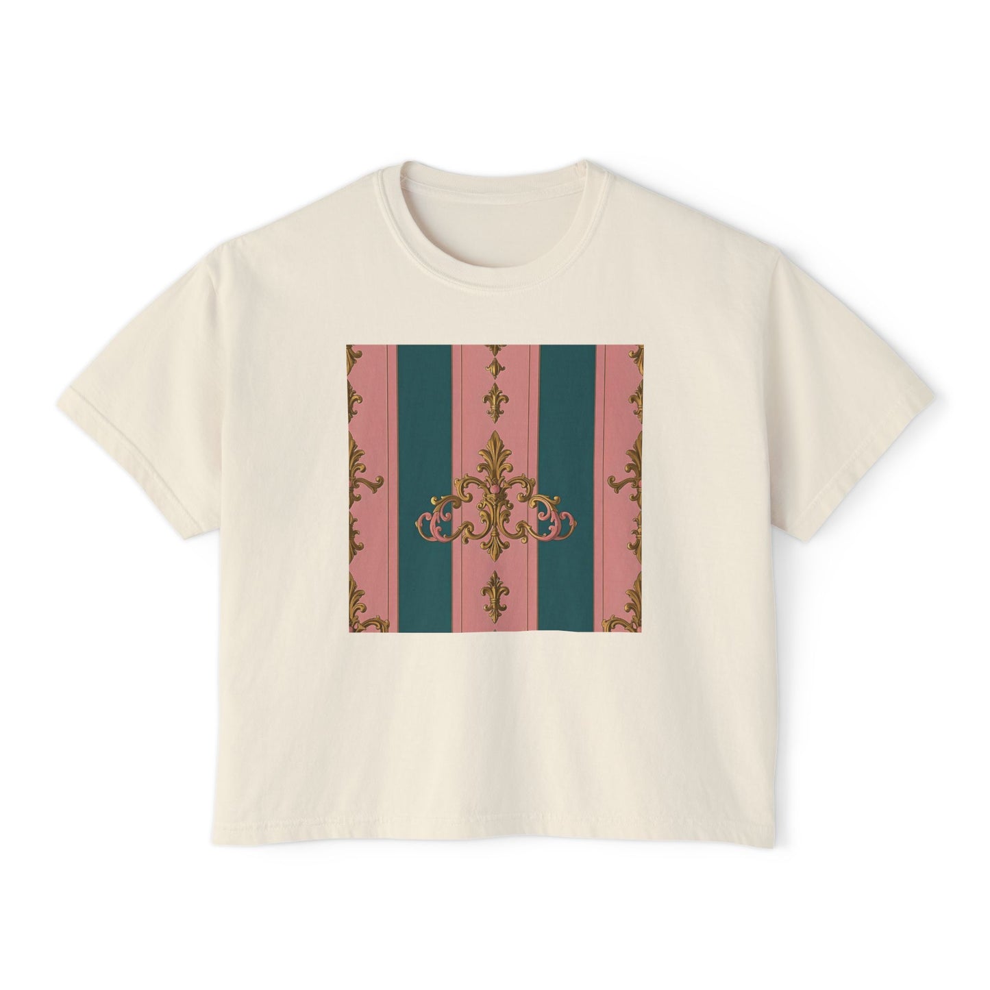 Chic Women's Boxy Tee with Elegant Floral Design, Casual Wear, Summer Fashion, Gifts for Her, Stylish Tee - Pink & Teal Striped Gold Baroque
