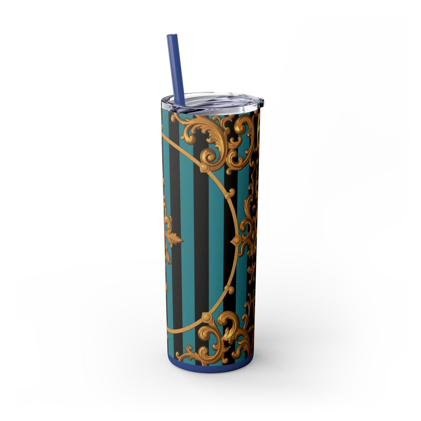 Elegant Turquoise & Black Striped Gold Baroque Skinny Tumbler with Straw, 20oz, Stylish Travel Mug, Party Favor, Birthday Gift, Drinkware