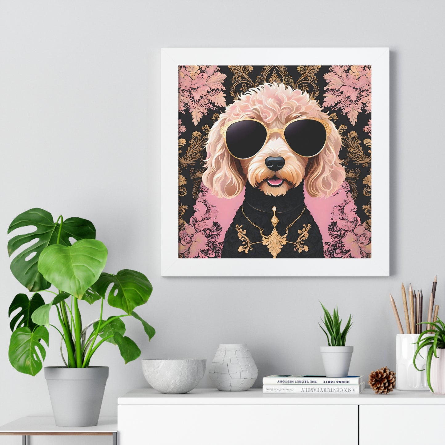 Vertical Poster - Golden Doodle in Damask and Shades - Wall Art - Kid Friendly