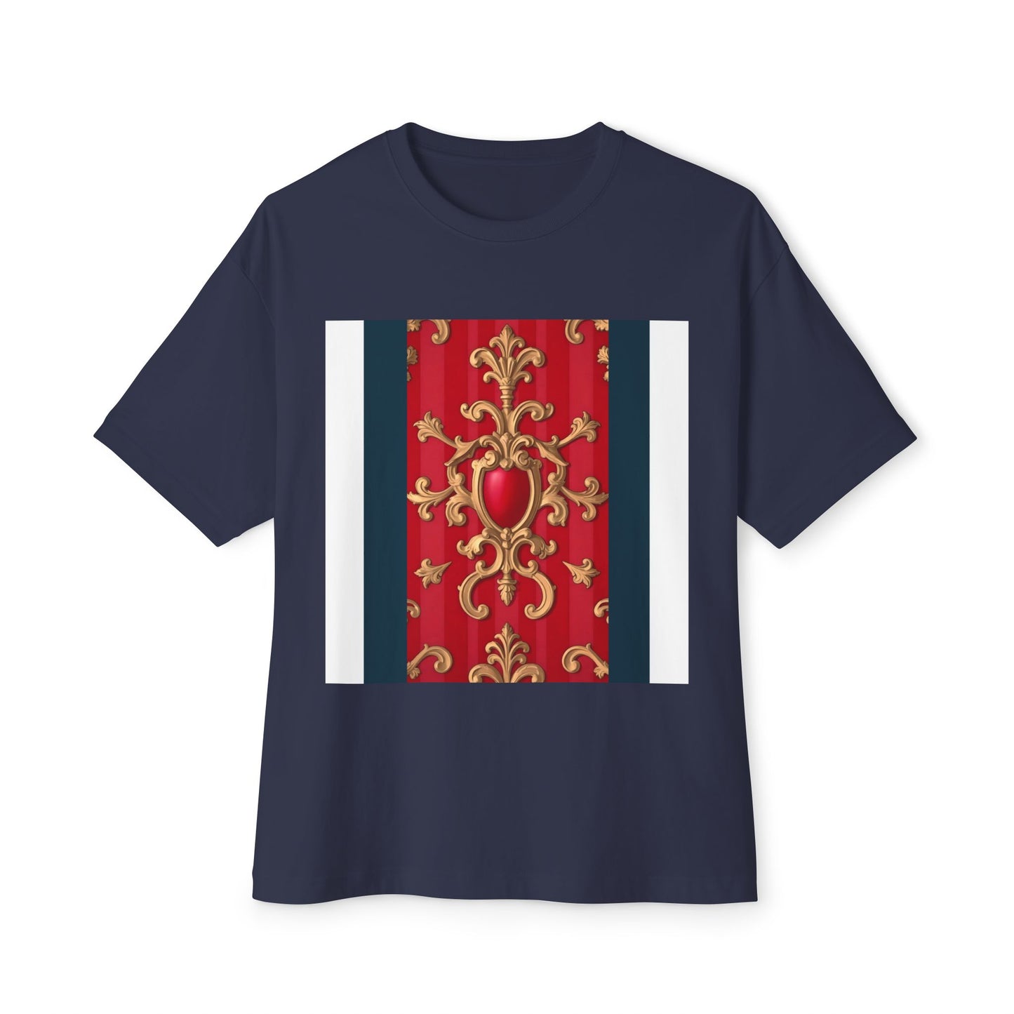 Elegant Vintage Design Oversized Tee, Boho T-Shirt, Festival Top, Unique Gift, Trendy Casual Wear - Blue, Red & White Striped Baroque