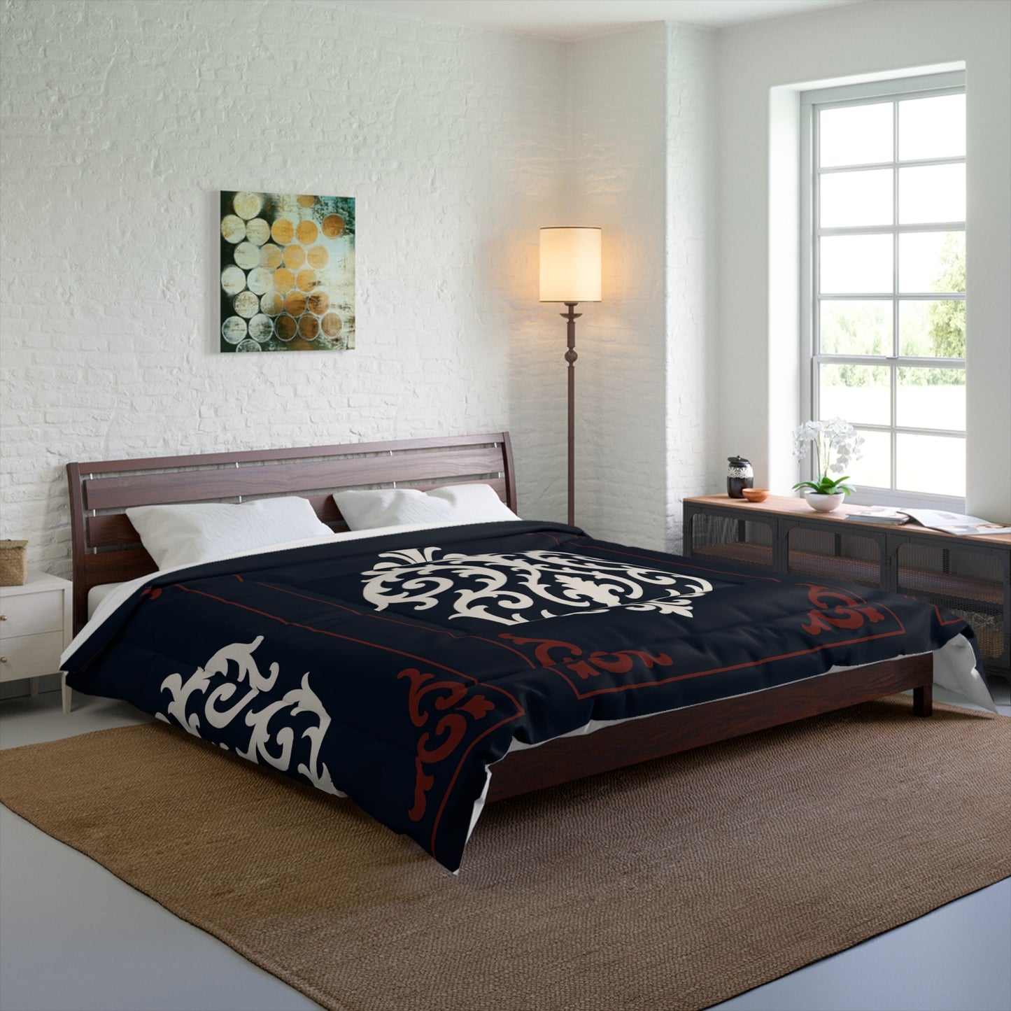 Dusk Blue-Maroon & White Baroque Comforter — Dusk Blue & White Decorative Bedding