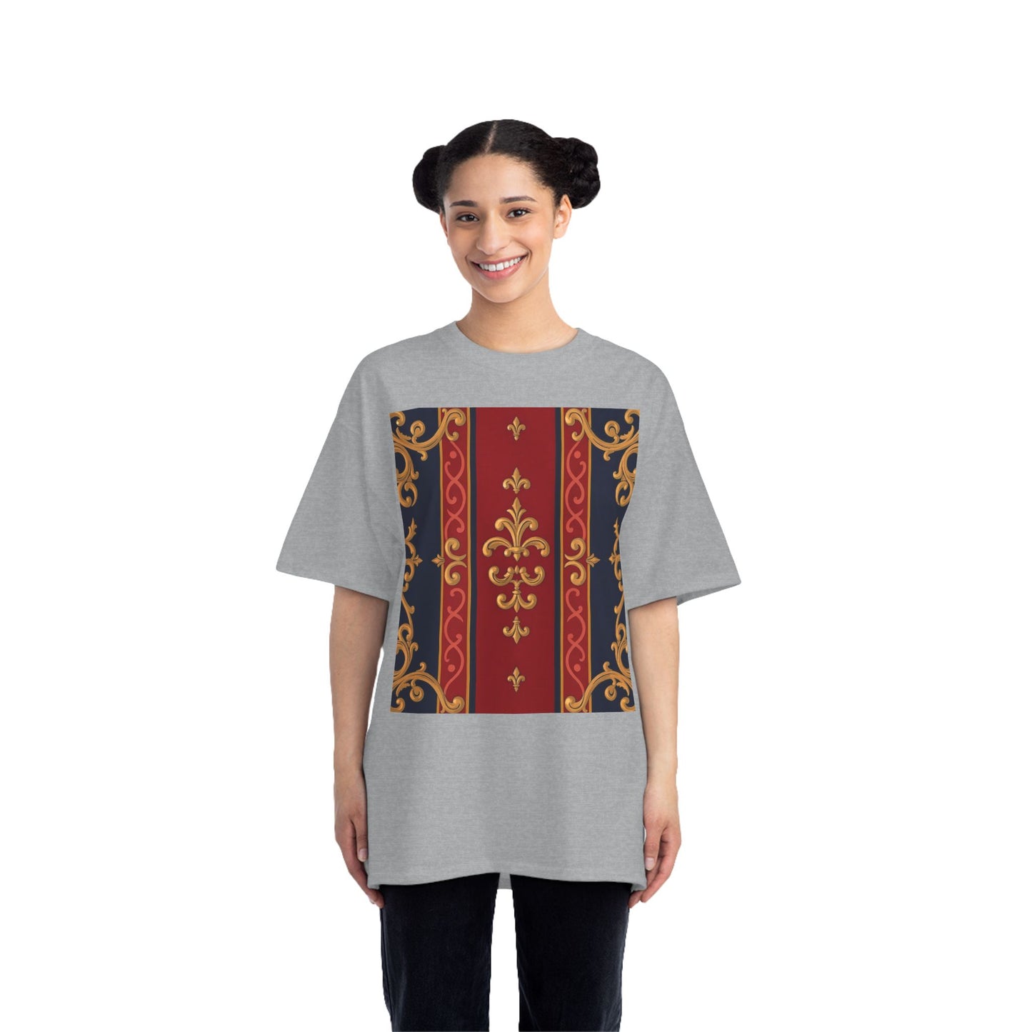 Elegant Patterned Short-Sleeve T-Shirt, Stylish Tee, Vintage Design Top, Casual Wear, Fashionable Gift - Midnight Blue & Dusk Red Gold Baroque