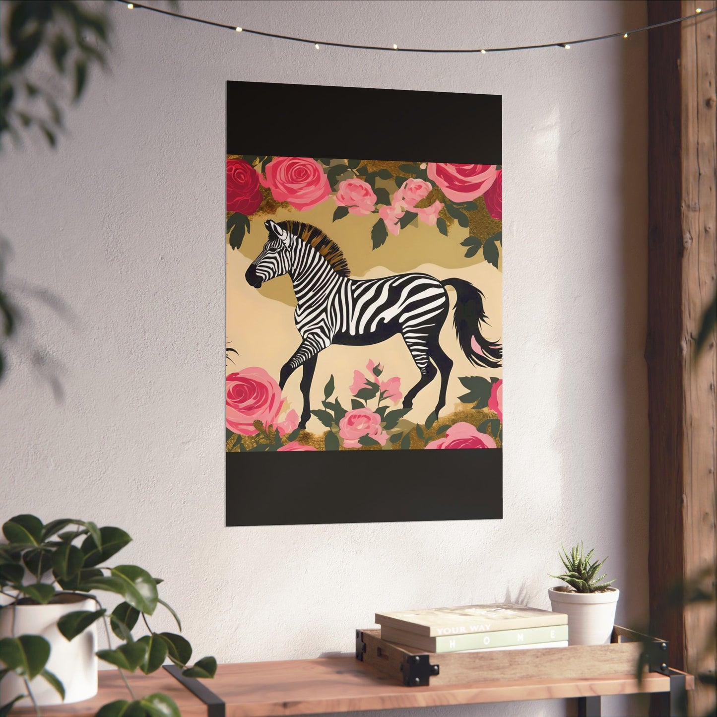 Floral Art Poster - Elegant Matte Vertical Wall Decor - Zebra In Olive & Pink Roses