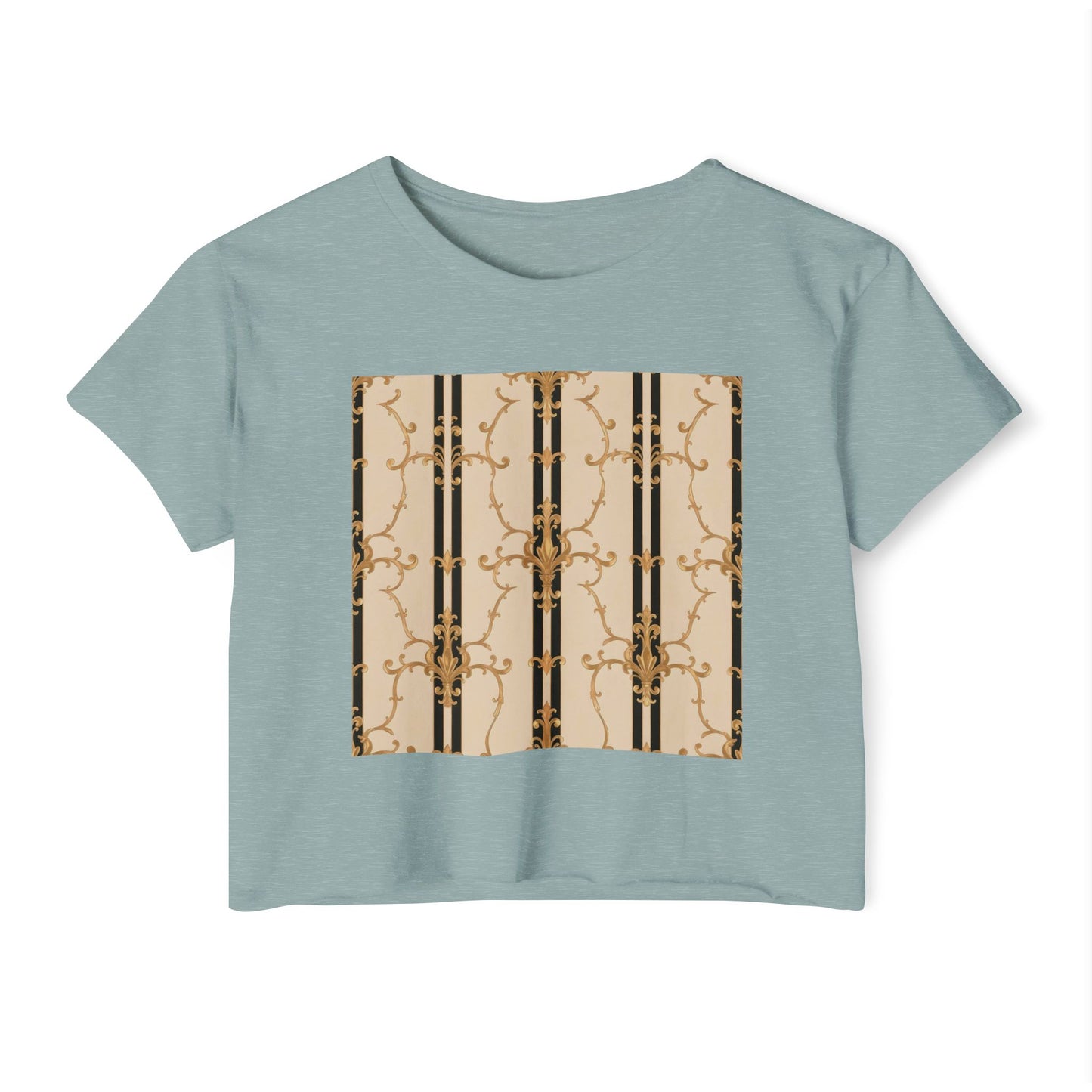 Festival Crop Top, Stylish Summer Tee, Trendy Women's Shirt, Festival Wear, Perfect for Music Events - Black & Beige Striped Damask
