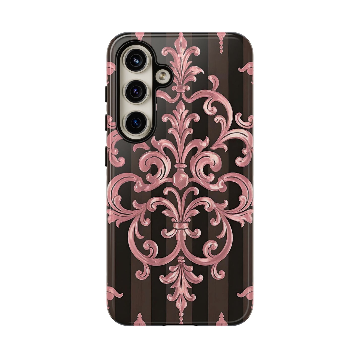 Elegant Floral Motif Phone Case - Tough Cases with Vintage Design - Brown Striped Mauve Damask