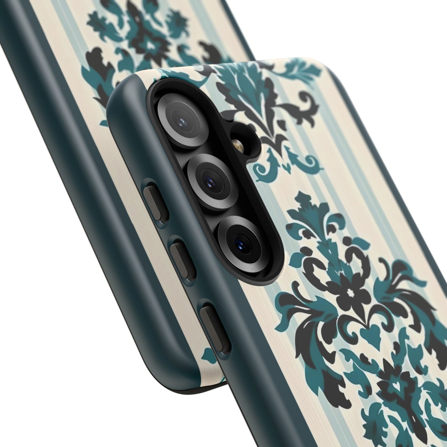 Elegant Floral Phone Case - Tough Cases with Vintage Design - Teal Striped Damask