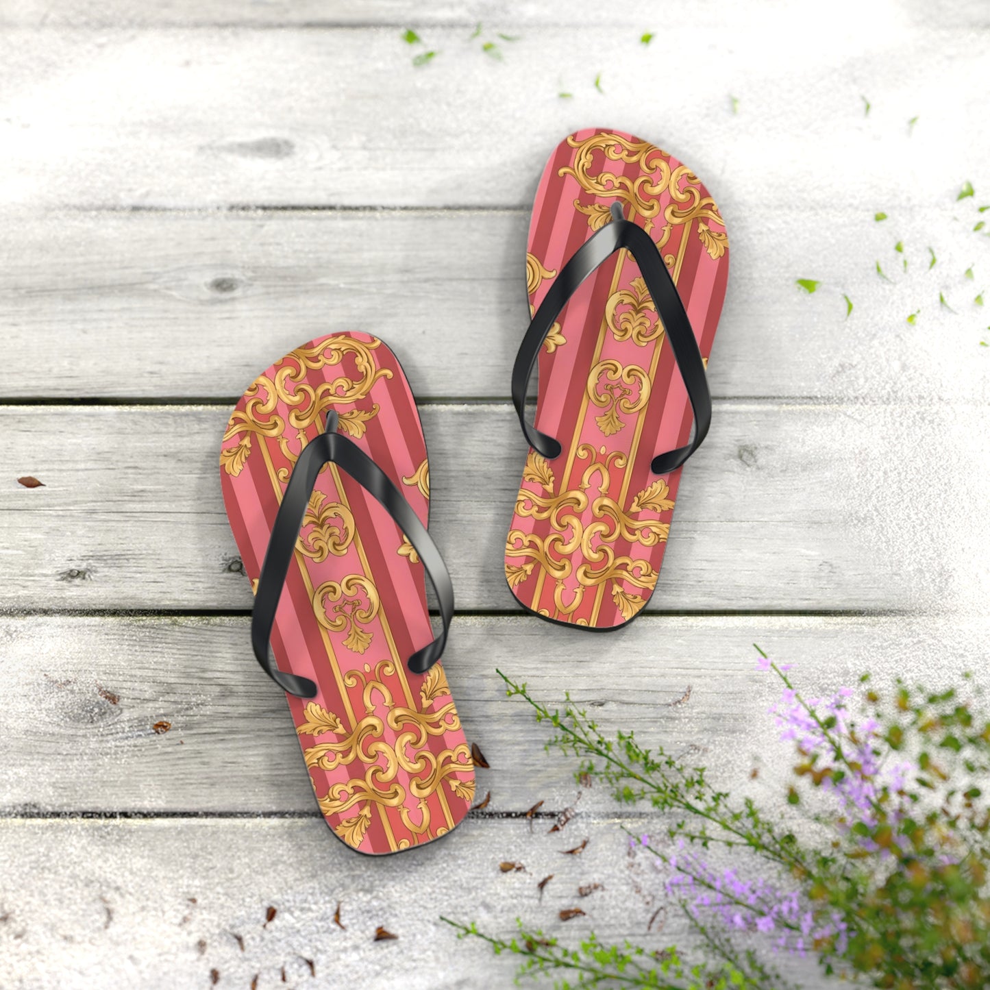 Elegant Floral Flip Flops, Summer Sandals, Beach Accessories, Vacation Footwear, Stylish Slip-Ons - Pink Striped Gold Baroque