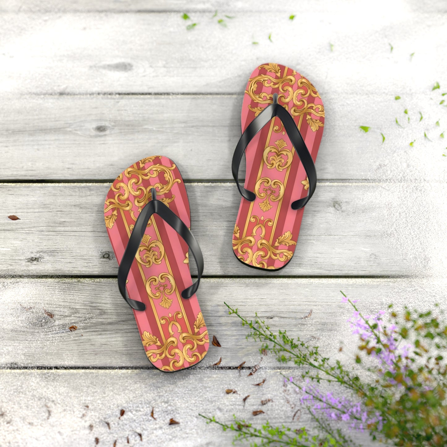 Elegant Floral Flip Flops, Summer Sandals, Beach Accessories, Vacation Footwear, Stylish Slip-Ons - Pink Striped Gold Baroque