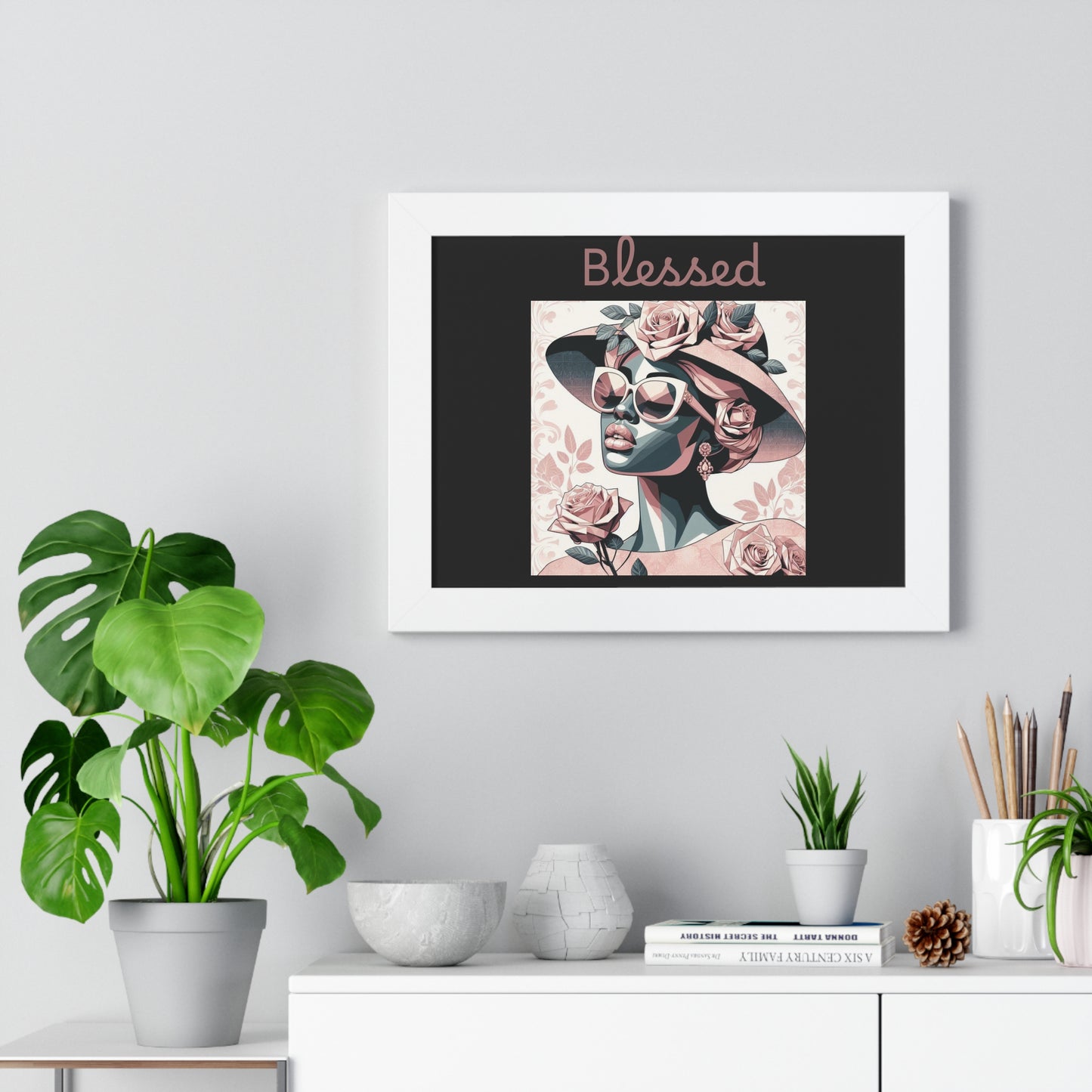 Framed Art Print: Blessed Floral Wall Decor, Inspirational Home Gift, Boho Art for Living Room, Stylish Gift for Friends, Modern Wall Art