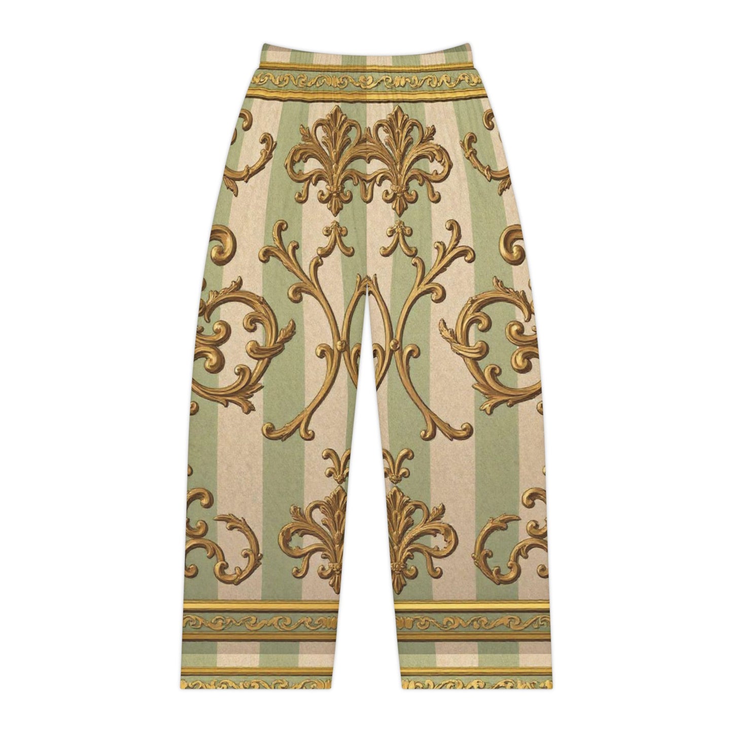 Elegant Floral Women's Pajama Pants | Cozy Loungewear for Relaxing Evenings, Sleepwear, Gift for Her - Mint & Beige Striped Gold Baroque