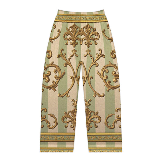 Elegant Floral Women's Pajama Pants | Cozy Loungewear for Relaxing Evenings, Sleepwear, Gift for Her - Mint & Beige Striped Gold Baroque